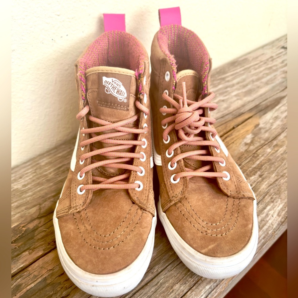 Women’s light pink suede high top Vans, size 8.5